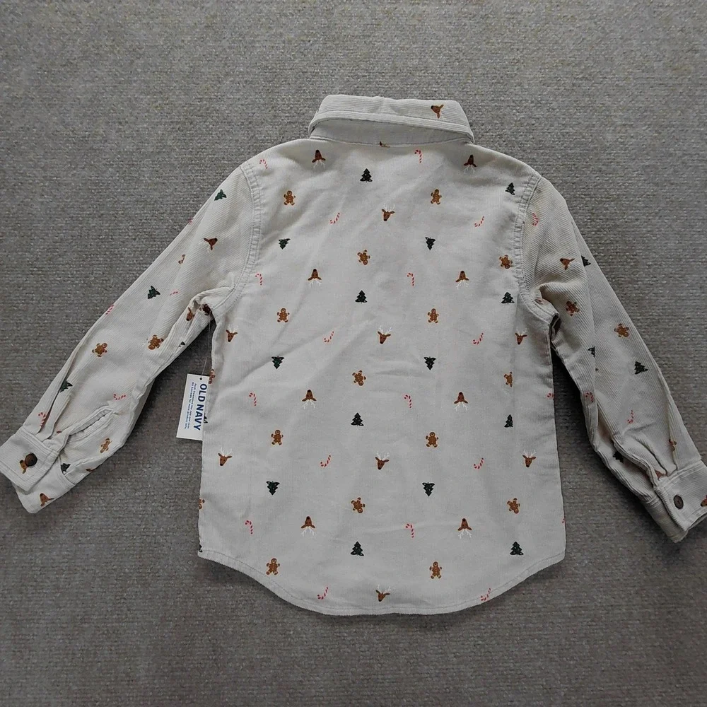 Old Navy Boys 5T Long Sleeve Christmas Print Corduroy Button Shirt Cream NEW